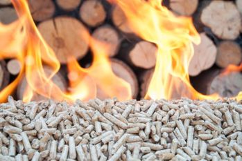 Holzpellets und -scheite und Flammen